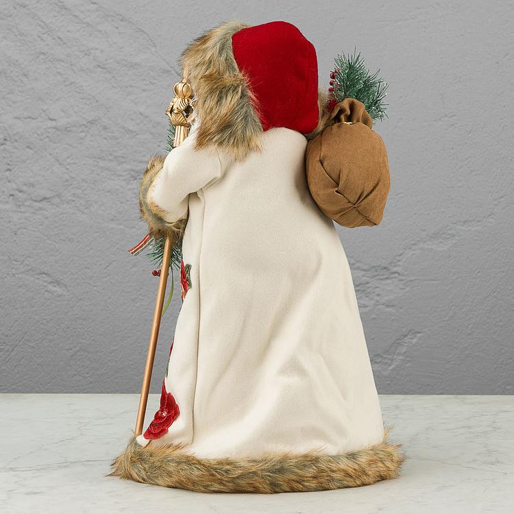 Новогодняя фигурка Санта в белой с цветочным узором шубе Santa Claus In White Fur Coat With Flowers 46 cm