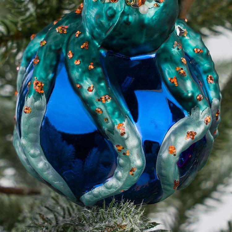Набор из двух ёлочных игрушек Осьминоги на шарах Set Of 2 Glass Octopus On Ball Blue Pink 10,5 cm