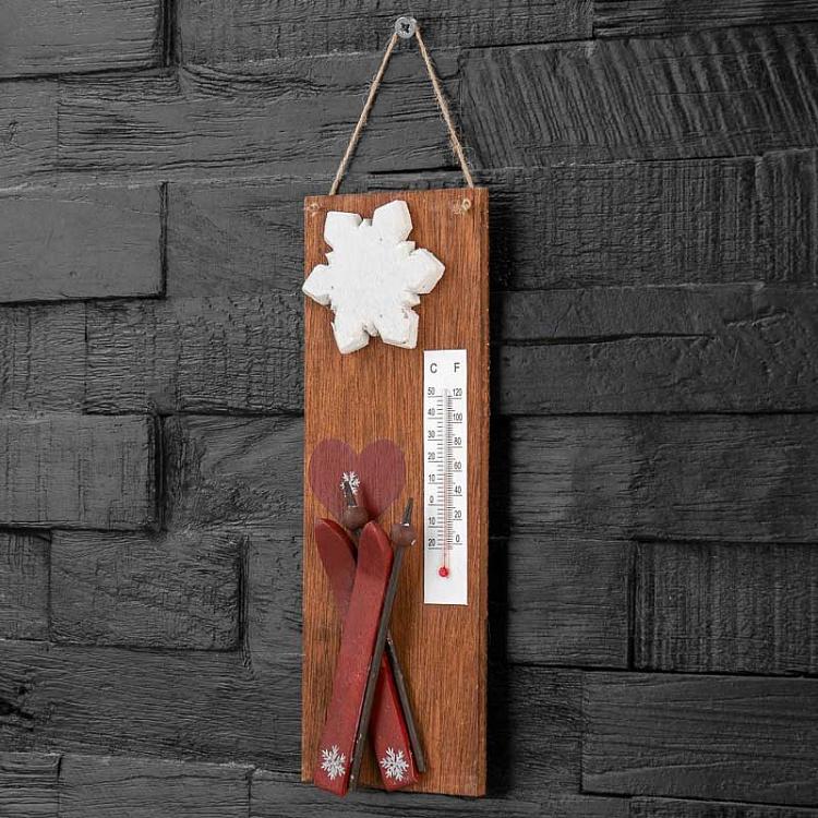 Настенный деревянный термометр с лыжами и снежинками Wooden Thermometer With Ski And Snowflakes 24 cm