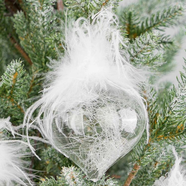 Набор из трёх прозрачных ёлочных игрушек с перьями сверху Set Of 3 Glass Plume Top Thread Ball Clear 8 cm