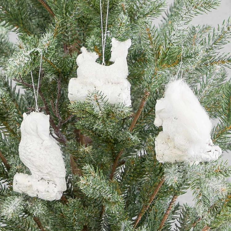 Набор из трёх ёлочных игрушек Олень, сова, белка Set Of 3 Snow Furry Deer Owl Squirrel White 12 cm