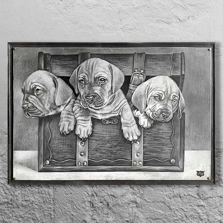 Картина на коже Три собаки в сундуке Three Dogs In The Trunk