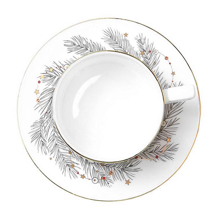 Чайная пара Новогодняя с красной лентой на чашке New Year Pine Tea Cup And Saucer