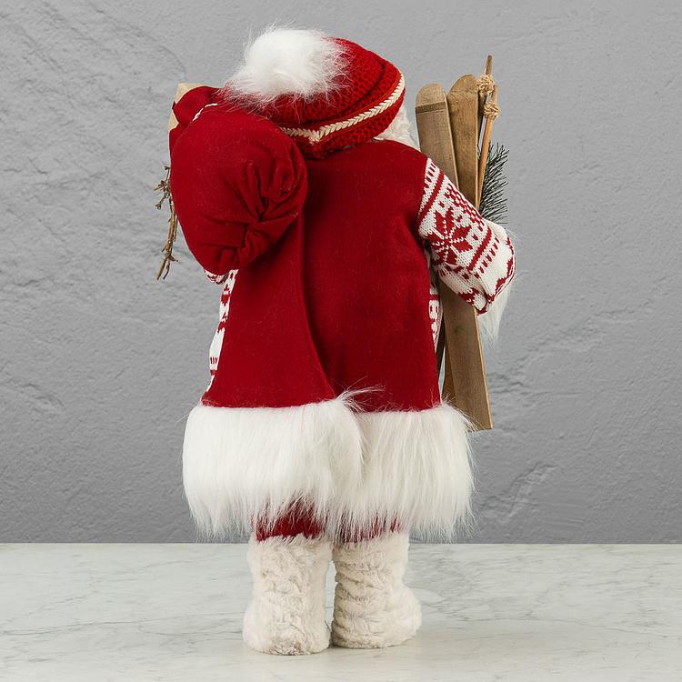 Новогодняя фигурка Лесной Санта в белой шубе и с лыжами Forest Santa Claus In White Fur Coat With Skis 48 cm