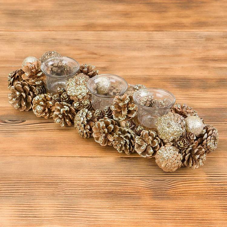Подсвечник на три свечи с золотыми шишками 3 Votives Holder With Pinecones Gold