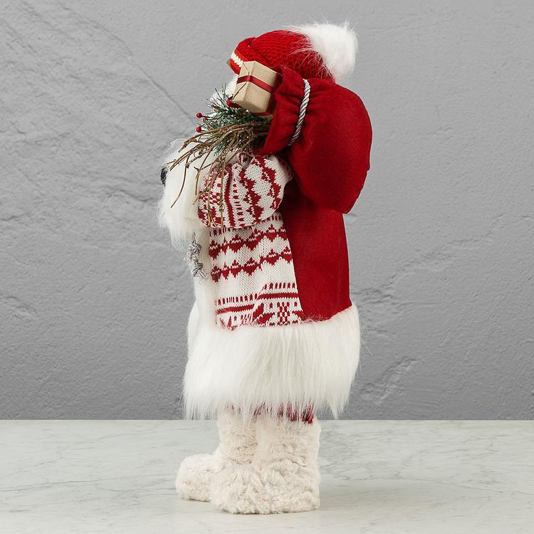 Новогодняя фигурка Лесной Санта в белой шубе и с лыжами Forest Santa Claus In White Fur Coat With Skis 48 cm