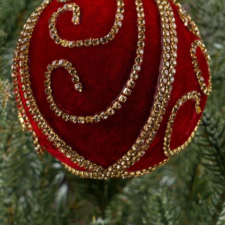 Ёлочная игрушка Красный бархатный шар с узором из страз Rhinestone Pattern Velvet Ball Red 10 cm