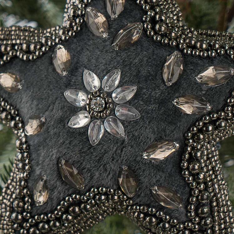 Ёлочная игрушка Серая бархатная звезда со стразами Beaded Hanger Star Grey Silver 20 cm