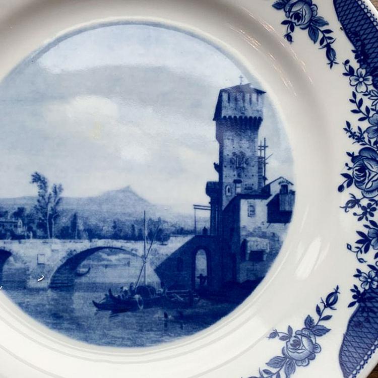 Винтажная тарелка белая с голубым мотивом 11, L Vintage Plate Blue White Large 11