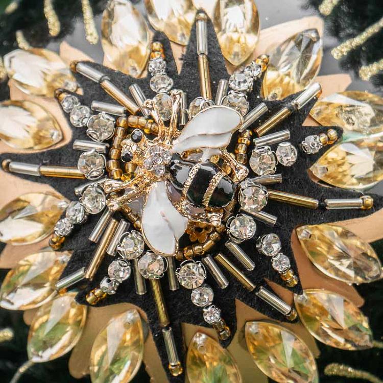 Черно-золотой ёлочный шар со стразами и пчелой Glass Jewel 3D Bee Ball Black/Gold 12 cm