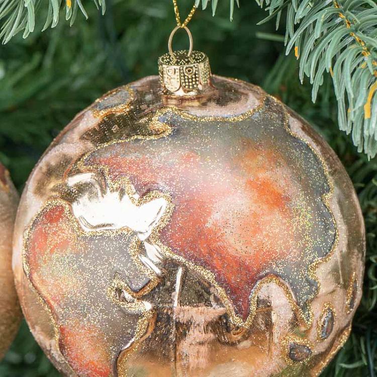 Набор из двух ёлочных игрушек Земной шар Set Of 2 Glass World Globe Ball Gold/Cream 10 cm