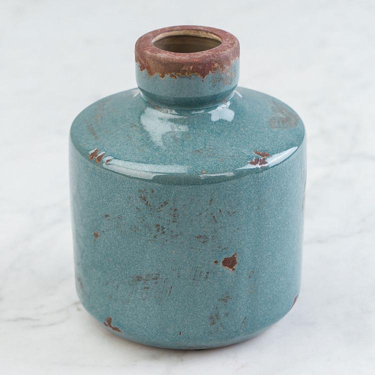 Низкая серо-голубая керамическая мини-ваза Бутыль Bottle Vase Grey Blue Low