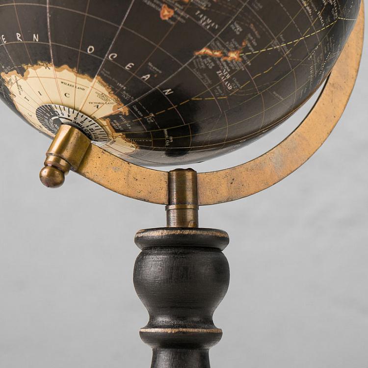 Винтажный чёрный глобус на деревянном основании Vintage Globe Black On Black Base Mango Wood
