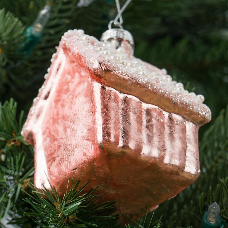 Ёлочная игрушка Розовый домик с бисером Glass Hanger House Pink With Beads 10 cm