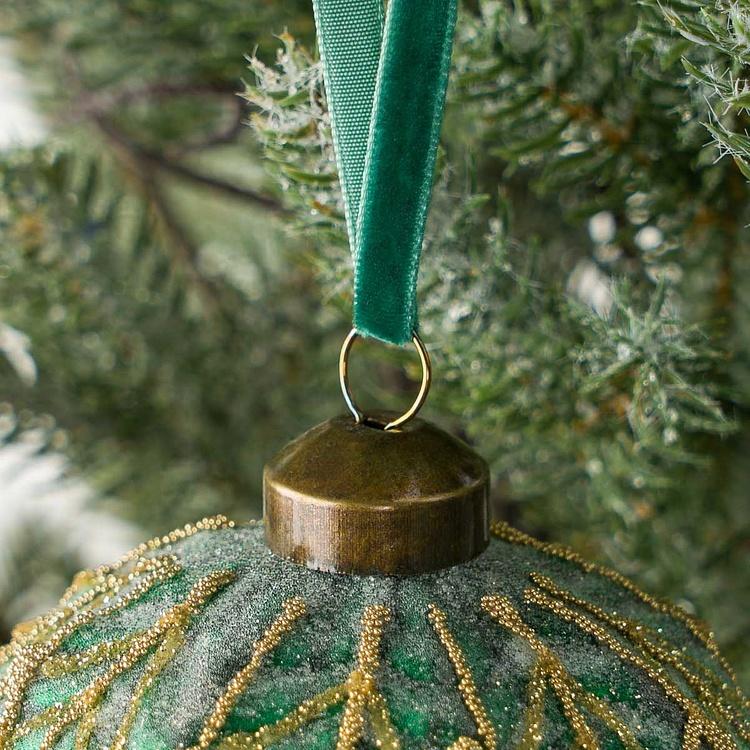 Ёлочная игрушка Зелёный шар с золотым лиственным узором Gold Pattern Ball Green 10 cm
