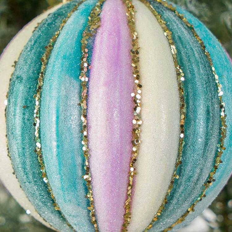 Ёлочная игрушка Розово-бирюзовый бархатный шар в полоску Velvet Striped Ball Pink Turquoise 8 cm