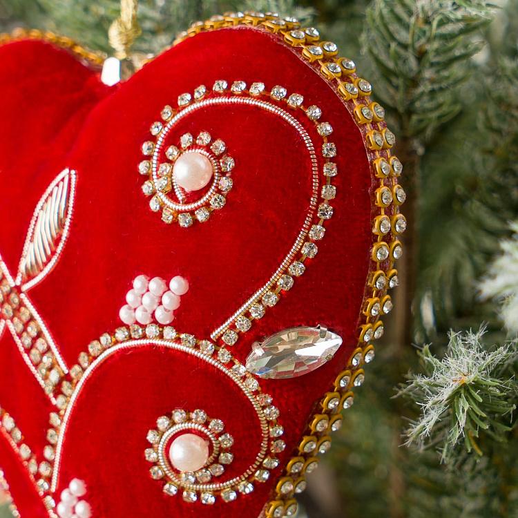 Ёлочная игрушка Бархатное красное сердце с цветочным узором Beads Pattern Velvet Heart Red 12 cm