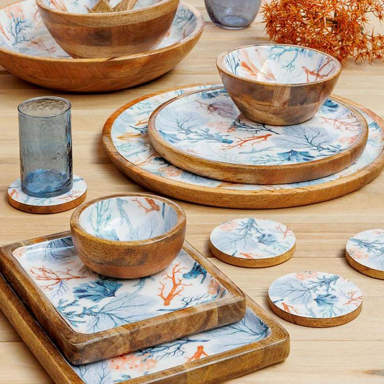 Круглая сервировочная тарелка из дерева манго Кораллы, L Coral Mango Wood Round Serving Plate Large