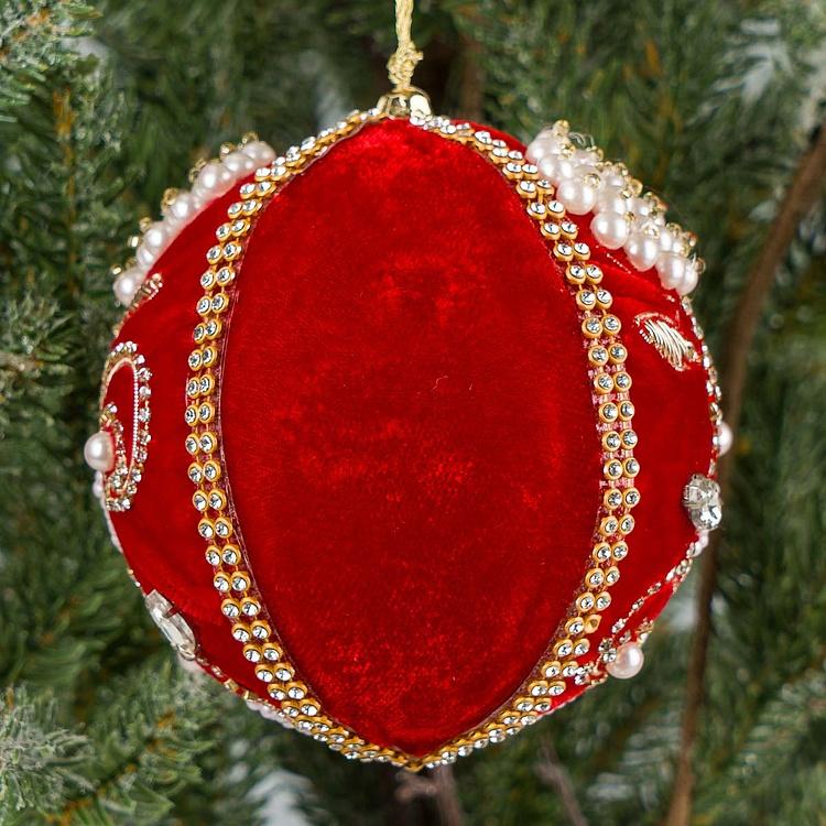 Ёлочная игрушка Красный шар с цветками из жемчуга и бисера Bead Pattern Velvet Ball Red 10 cm