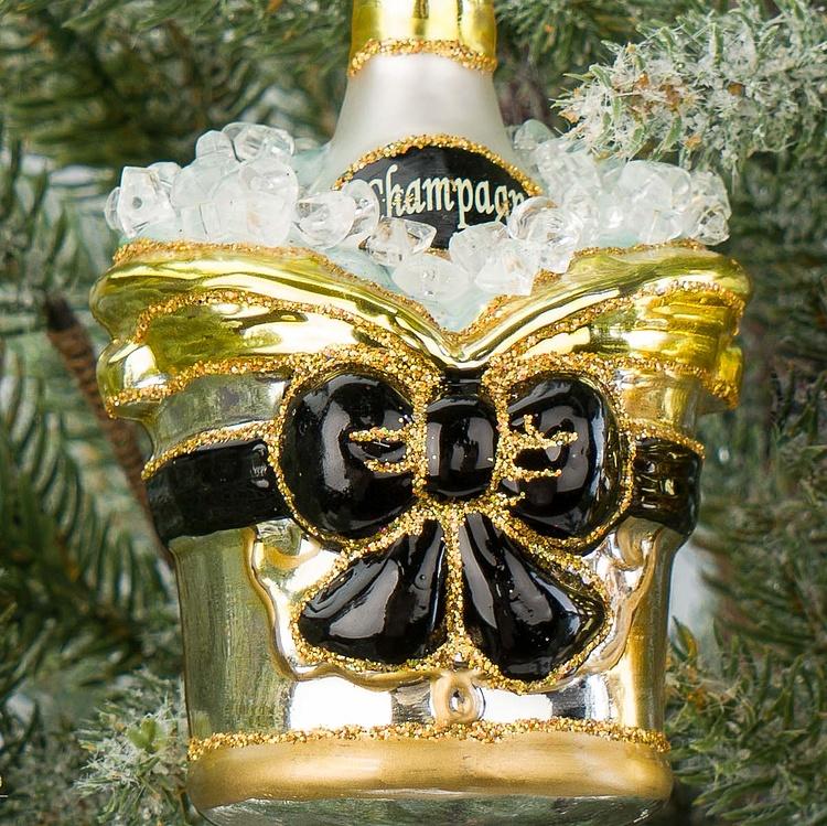 Набор из двух ёлочных игрушек Бутылки шампанского в вёдрах для льда Set Of 2 Glass Champagne Bottles In Buckets Gold 13 cm