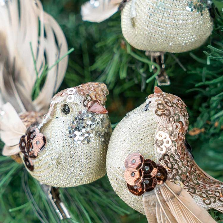 Набор из трёх ёлочных игрушек на прищепке Блестящие птички цвета розовое золото Set Of 3 Sequin Birds On Clip Pink/Rosy Gold 11 cm