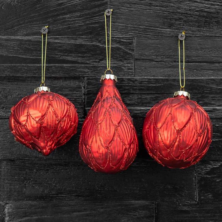 Набор из трёх красных ёлочных шаров Лепестки с блёстками Set Of 3 Glass Glitter 3D Petal Balls Red 8 cm