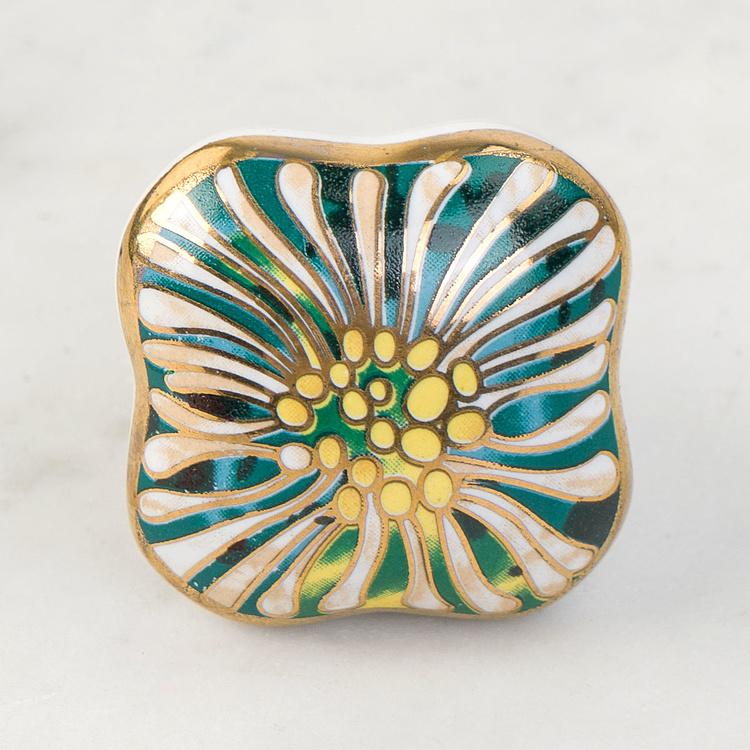 Мебельная керамическая ручка Ар-деко зелёно-золотая с герберой Art Deco Green And Gold Gerbera Ceramic Knob