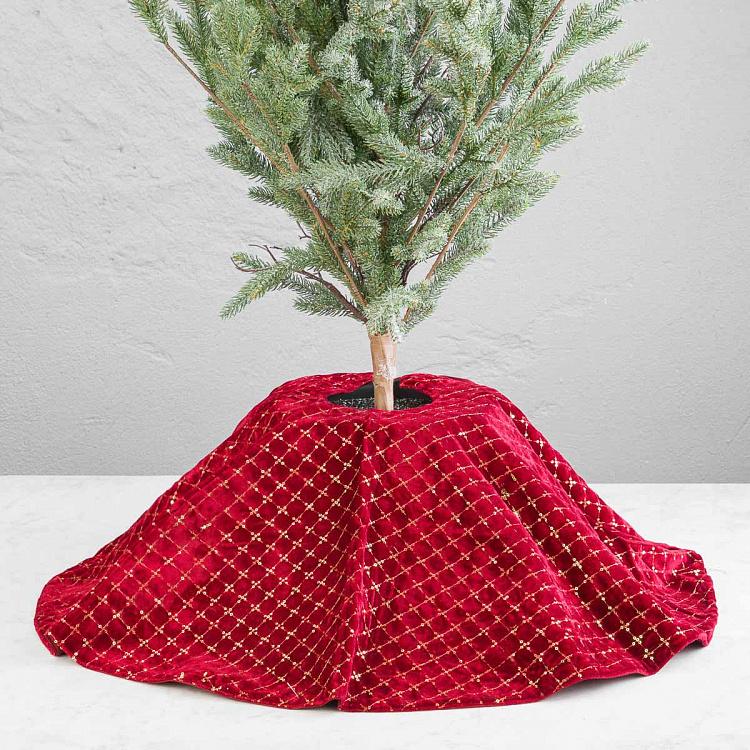 Бордовый коврик-юбка под ёлку в золотистую клетку Christmas Tree Skirt Burgundy And Gold 93 cm