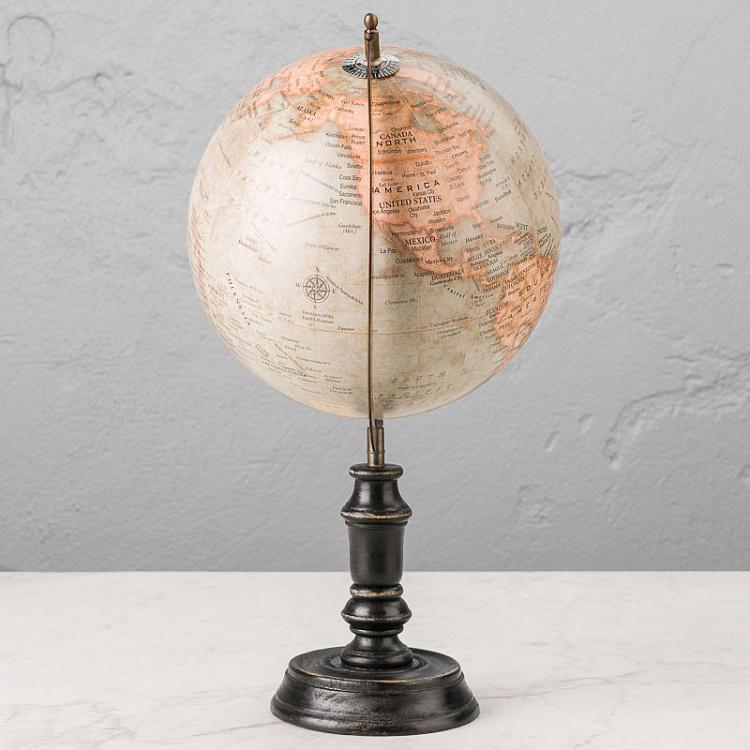 Винтажный голубой глобус на чёрном деревянном основании Vintage Globe Blue On Black Base Mango Wood