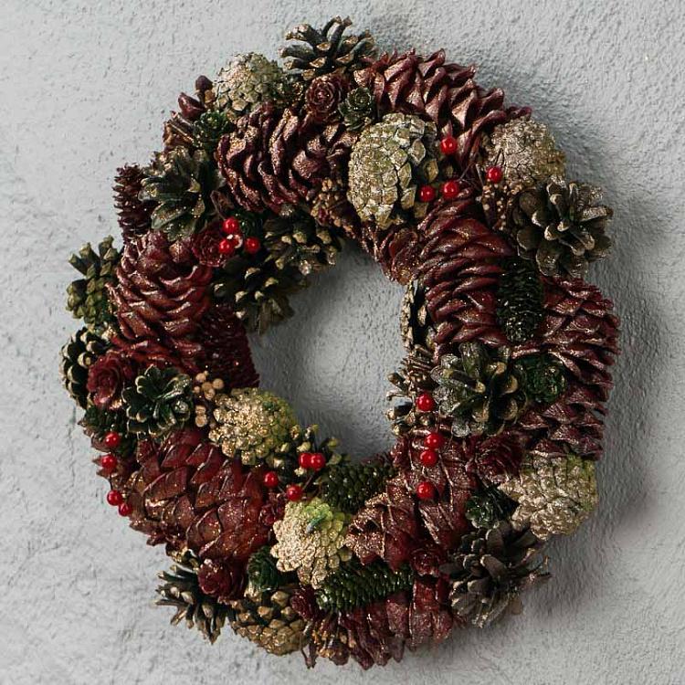 Новогодний позолоченный венок с шишками Gilt Berry Pinecone Wreath Green Brown 34 cm