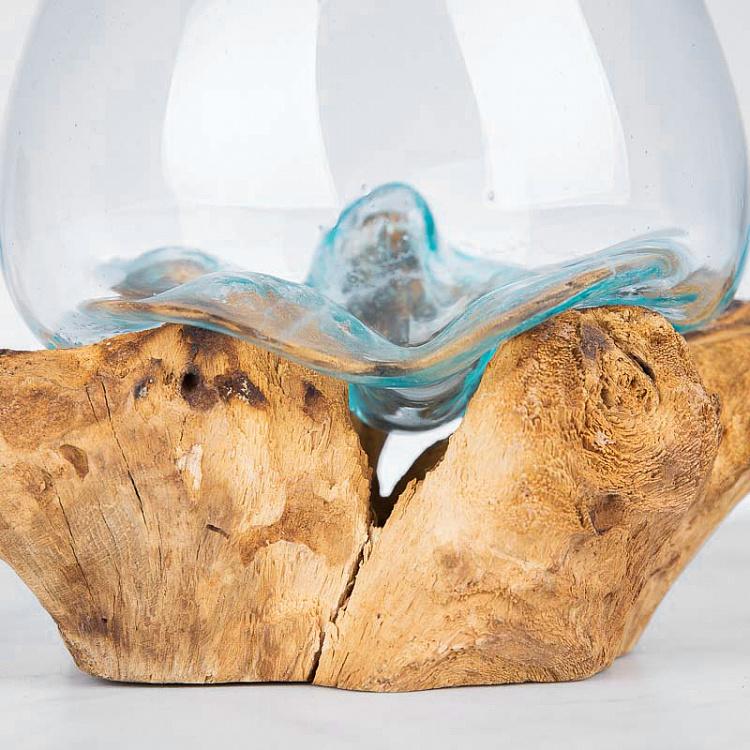 Стеклянная ваза на основании из корней тика Vase Ovale En Verre Sur Support En Racine De Teck