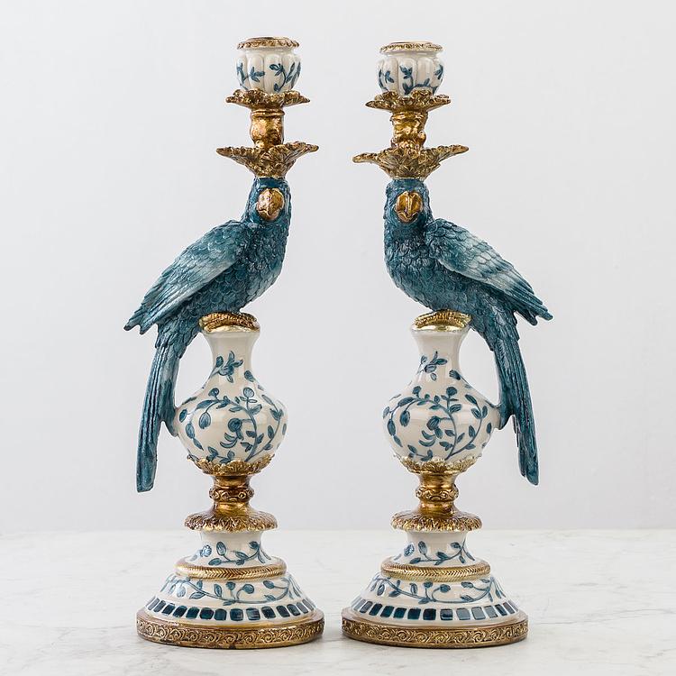 Набор из двух подсвечников Голубые попугаи Set Of 2 Candle Holders Parrots Blue