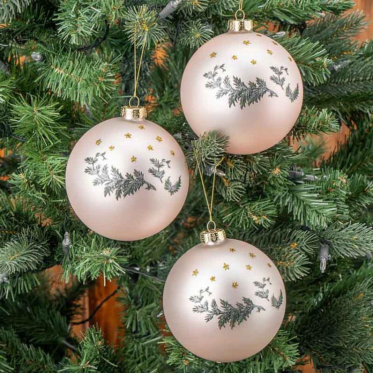 Набор из трёх ёлочных шаров Лесные жители Set Of 3 Glass Silvis Mice And Woods Balls Cream/Green 12 cm