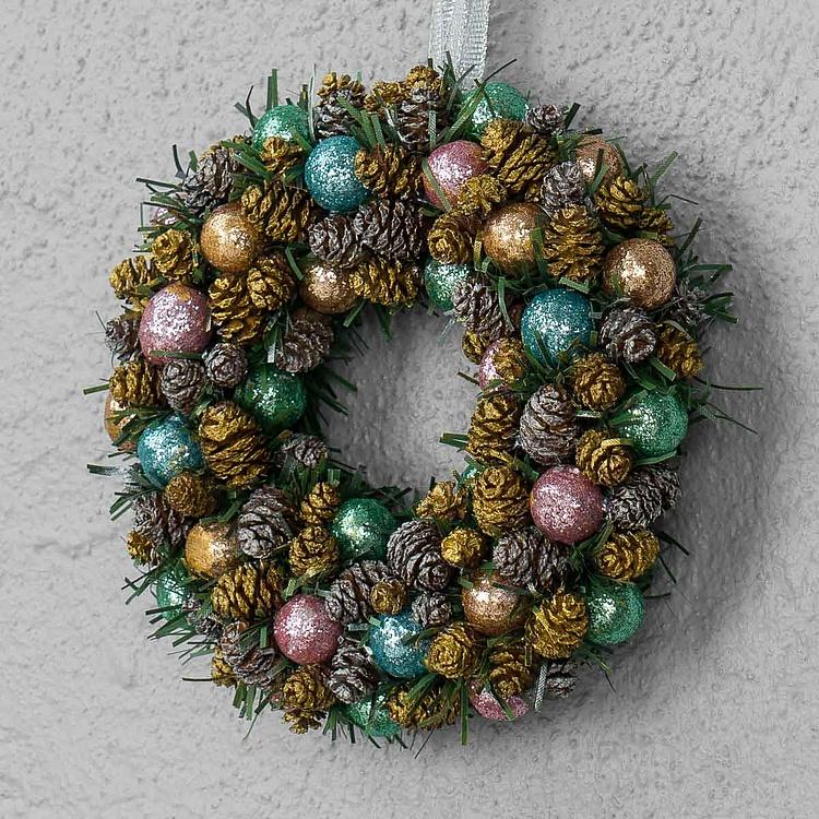 Новогодний венок с шишками и перламутровыми шарами 1, M Wreath Bagel 1 Medium