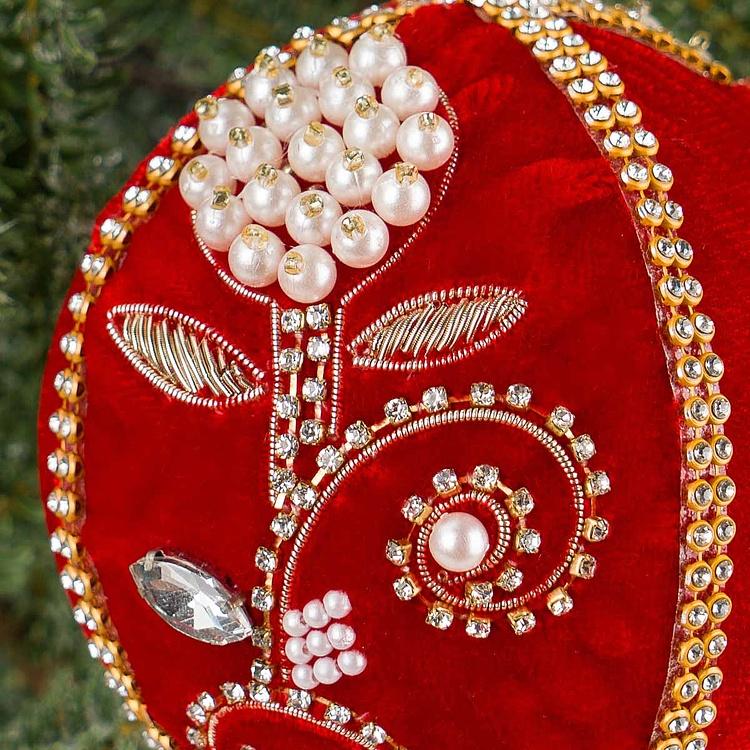 Ёлочная игрушка Красный шар с цветками из жемчуга и бисера Bead Pattern Velvet Ball Red 10 cm