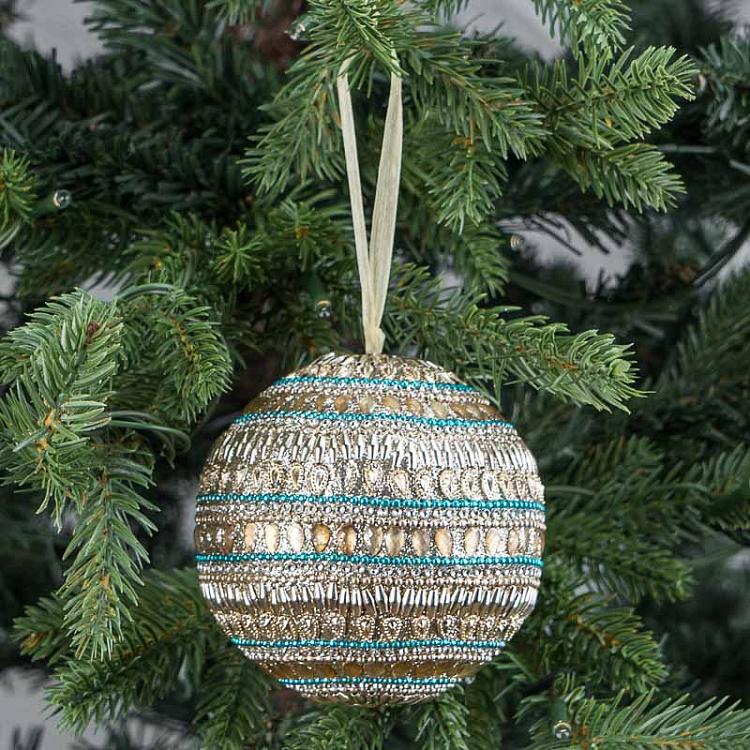 Ёлочная игрушка Золотисто-голубой шар с орнаментом из бисера Beads Ornament Ball Gold Blue 9 cm