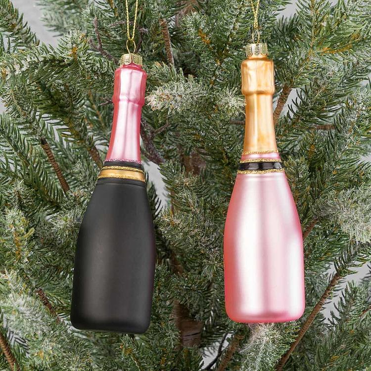 Набор из двух ёлочных игрушек Бутылки шампанского чёрная и розовая Set Of 2 Glass Champagne Bottles Black Pink 16 cm