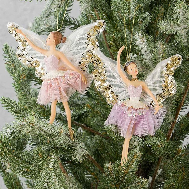 Набор из двух ёлочных игрушек Феи-балерины в тюлевых платьях Set Of 2 Tulle Fairy Ballerinas Pink Purple 17,5 cm
