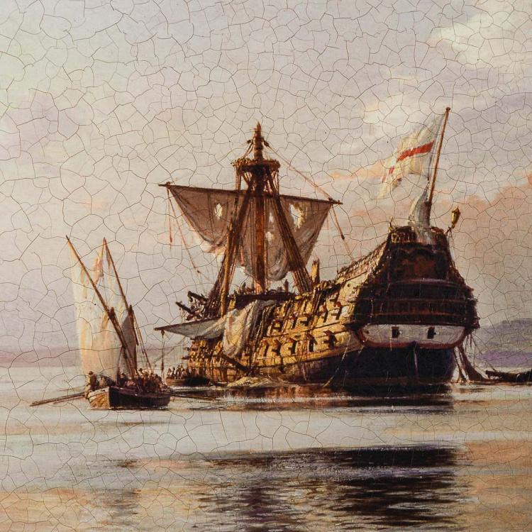 Картина-олеография в чёрно-золотой раме Сэр Фрэнсис Дрейк на борту Мести Sir Francis Drake On Board The Revenge, ANTB Frame