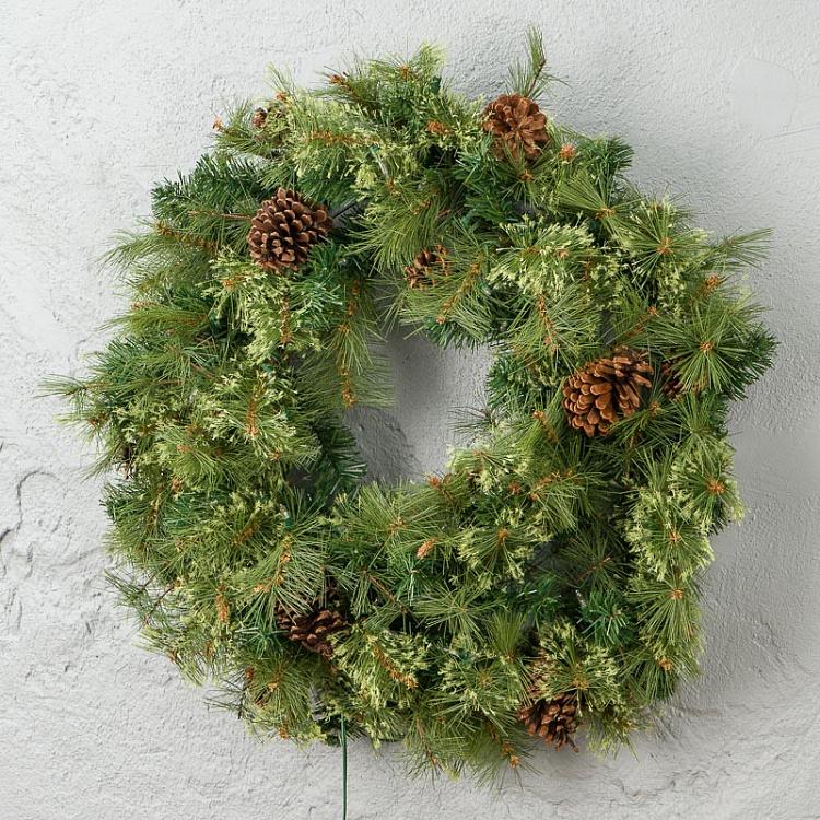 Новогодний венок с шишками и гирляндой 100 Led Pinecone Wreath Green 76 cm