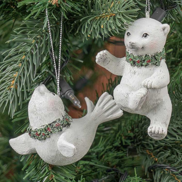 Набор из двух ёлочных игрушек Полярный медведь и тюлень Set Of 2 Xmas Polar Bear And Seal White 10 cm