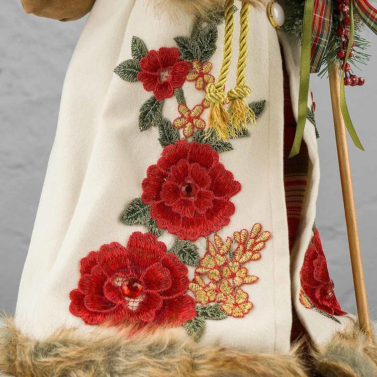 Новогодняя фигурка Санта в белой с цветочным узором шубе Santa Claus In White Fur Coat With Flowers 46 cm
