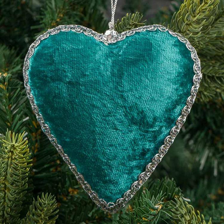 Ёлочная игрушка Бирюзовое сердце с серебряным орнаментом Heart With Silver Pattern Turquoise 12 cm
