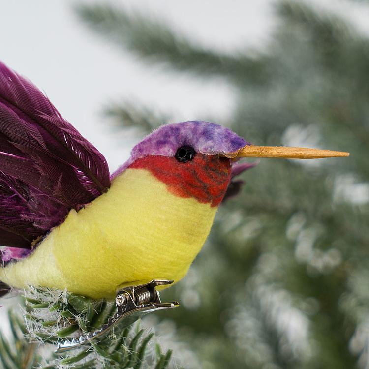 Набор из двух ёлочных игрушек на клипсе Колибри зелёная и фиолетовая Set Of 2 Plume Fly Hummingbirds On Clip Green Purple 18 cm