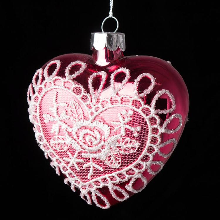 Ёлочная игрушка Красное сердце с кружевом Glass Lace Rose Heart Red 8 cm