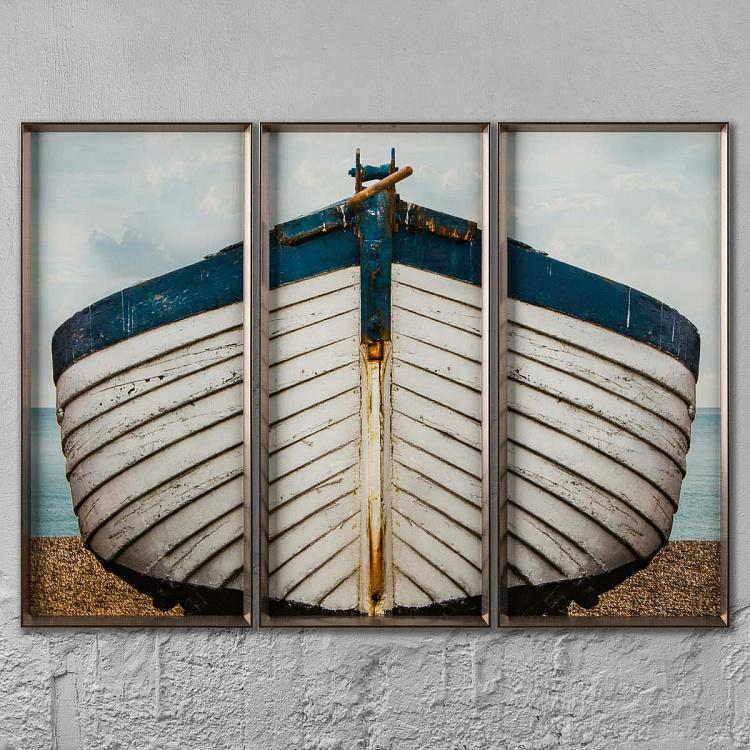 Фото-принт триптих в серебристой раме Сине-белая лодка Set Of 3 Blue And White Boat, Pewter Frame