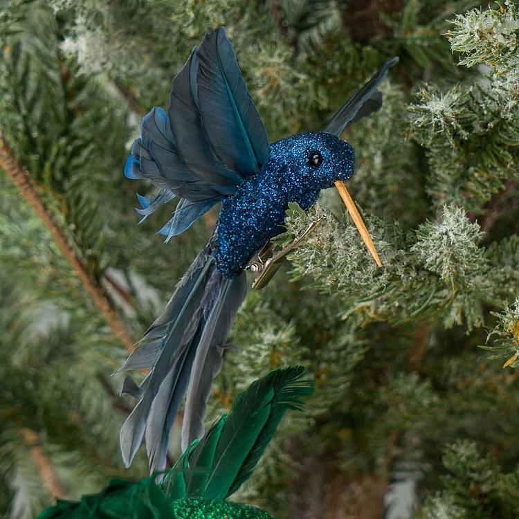 Набор из двух ёлочных игрушек на клипсе Колибри зелёная и синяя Set Of 2 Plume Fly Hummingbirds On Clip Green Blue 13 cm