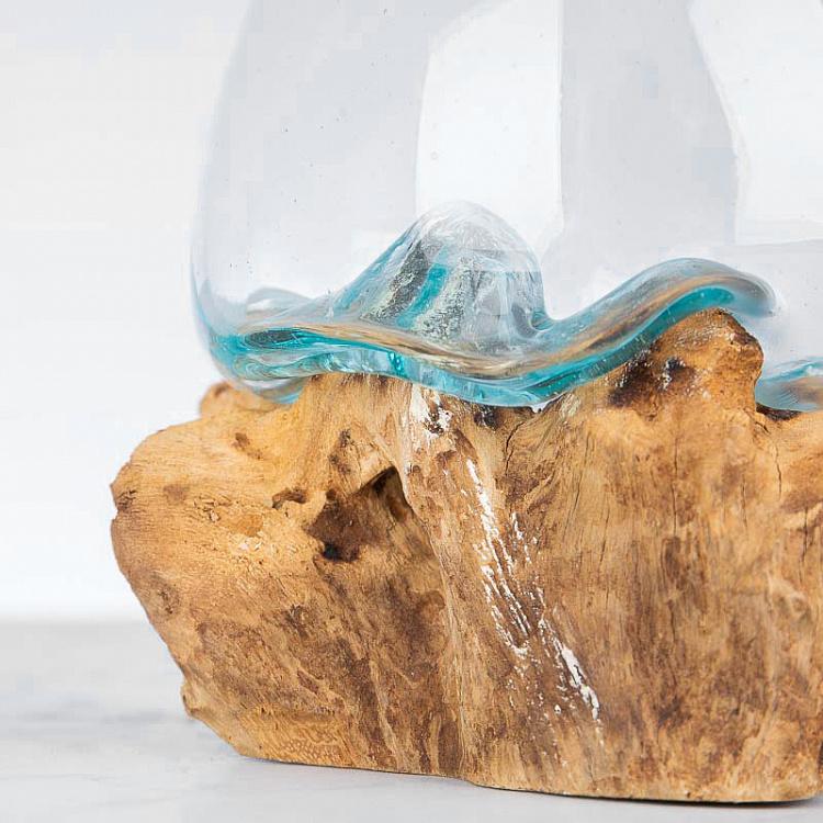 Стеклянная ваза на основании из корней тика Vase Ovale En Verre Sur Support En Racine De Teck