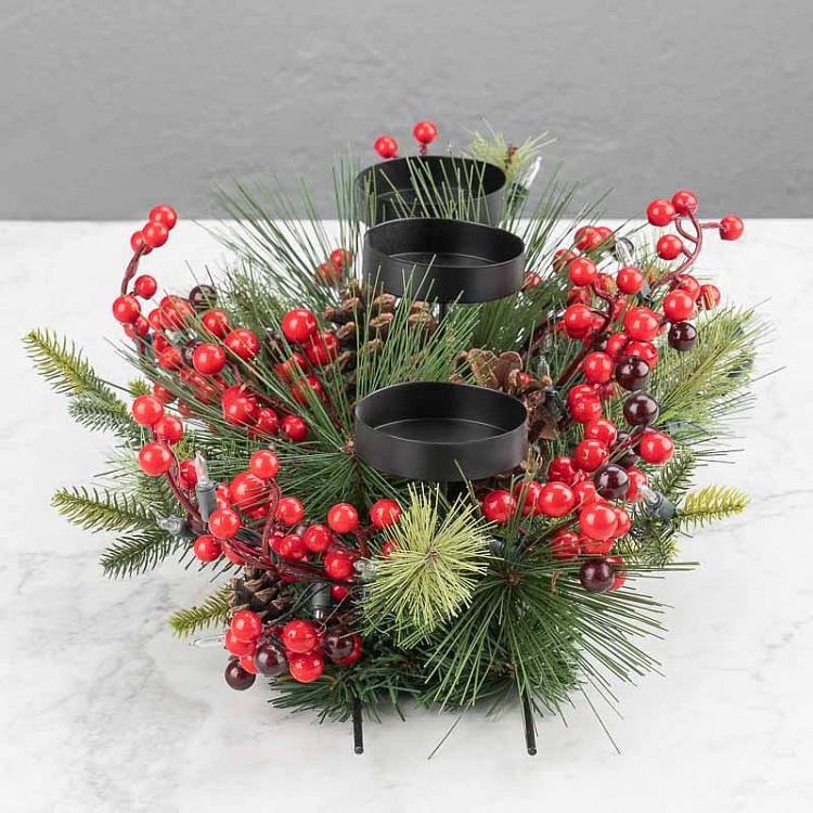 Светодиодный подсвечник-венок на батарейках с шишками и ягодами Led Lantern Metal Pine/Berry On 3 Batteries