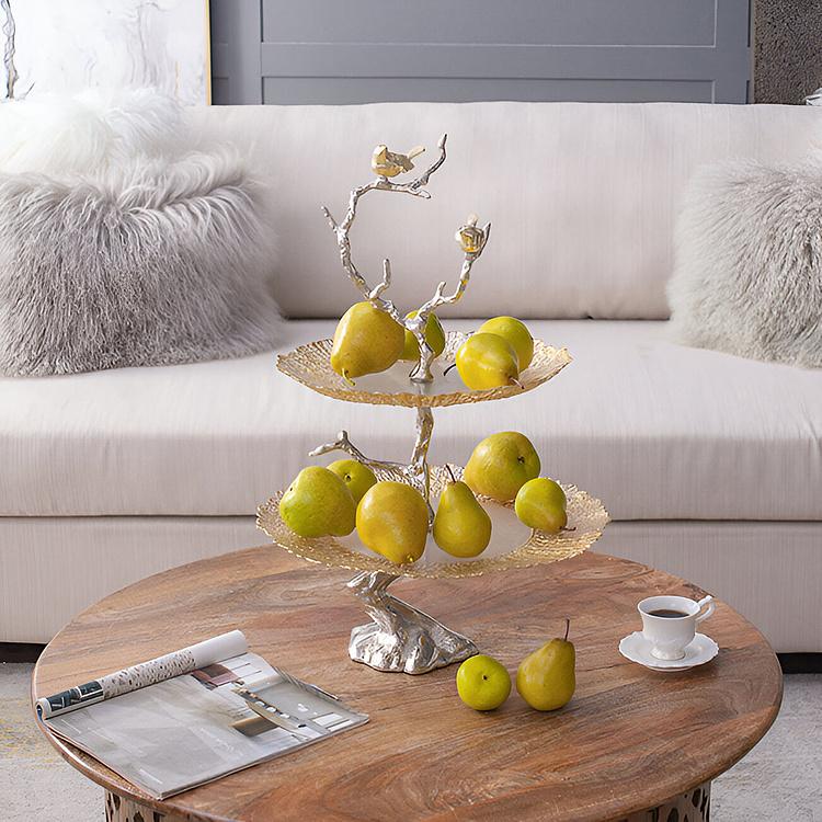 Двухуровневая сервировочная подставка с птицами и золотистым стеклом Atelier 2 Tier Plates Gold